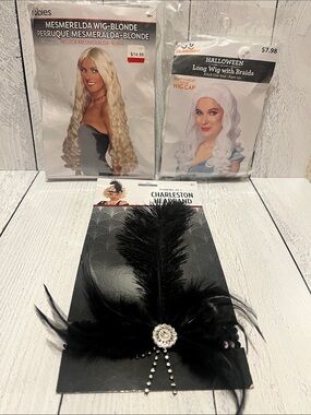 Costume Wigs and Charleston Feather Headband with Rhinestone Accent - Black
